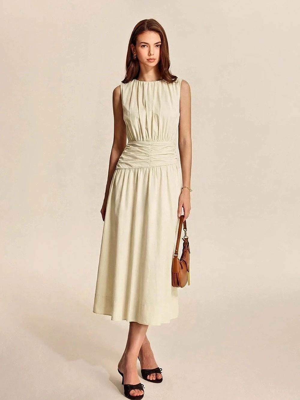 Commense Butter Yellow Pleated Waist Sleeveless Midi Dress- Like New